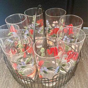 Vintage, antique hand painted glasses in metal carrying case. 9 piece set